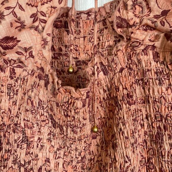 FREE PEOPLE Smock it to Me Mini Dress Apricot Ruffle Peasant Boho Size Large - Picture 10 of 10